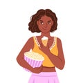 Black woman eating ice cream and holding big bucket of popcorn. Food craving, increased appetite. Flat cartoon character Royalty Free Stock Photo