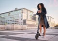 Black woman, electric scooter and smartphone in city, for communication and outdoor to connect. Travel, female and girl