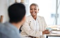 Black woman, employee and speaking with business, meeting and communication with success, company growth and smile Royalty Free Stock Photo