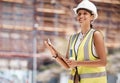 Black woman, engineer and building safety manager with quality compliance checklist. Happy architecture employee smiling