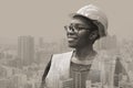 Black woman engineer worker happy smile portrait overlay with city metro for Civil engineer concept