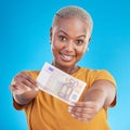 Black woman, euro note and finance, portrait and happy with prize, loan and cash isolated on blue background. Money