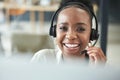 Black woman face, call center and phone consultation with a smile in a office with contact us work. Telemarketing, job Royalty Free Stock Photo