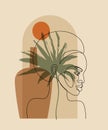 Black Woman Face Mask, Geometric, Natural Shapes, Minimal Fashion Concept Abstract Tropical Palm Leaf, Vase, Sun In Pastel Colors
