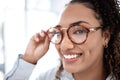 Black woman, face and smile with glasses for eye care, vision and designer frame, prescription lens and optometry Royalty Free Stock Photo