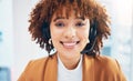 Black woman, face and smile portrait in call center for customer service, sales or crm in office. Person working as Royalty Free Stock Photo