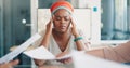 Black woman, face with stress and multitasking, burnout in business and phone call, time management mistake. Work Royalty Free Stock Photo