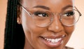Black woman, face zoom and smile with glasses, vision and prescription lens isolated on studio background. Eyewear, eye Royalty Free Stock Photo