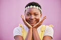 Black woman, flower crown and smile in portrait by pink background for beauty, makeup and cosmetics. Happy african woman Royalty Free Stock Photo