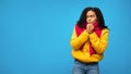 Black Woman Freezing Wearing Winter Clothes Over Blue Background, Panorama Royalty Free Stock Photo