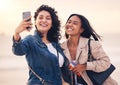 Black woman, friends and selfie at beach for sunset, bonding and summer happiness after work together. Women, smartphone