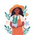 Black woman gardener with potted house plant. Gardener, florist, farmer, botanics, seller in a flower shop. Vector