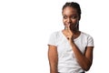 Black Woman Gesturing Hush Sign Looking Aside Over White Background Royalty Free Stock Photo