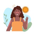 black woman get sunburn with hot weather from uv sun for sensitive skin damage illustration with leaves decoration