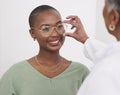Black woman, glasses and vision, eye care and health with optometry, doctor and patient with prescription lens and frame