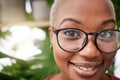 Black woman, glasses and vision, face with eye care and optometry with frame and prescription lens. Eyesight, health and