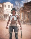 Black woman gunfighter standing in wild west street with two holstered revolvers and a rifle in her hand. 3D illustration Royalty Free Stock Photo