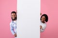 Black woman and guy holding white advertising board over pink studio background, panorama. Mockup for your design Royalty Free Stock Photo