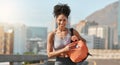 Black woman, gym bag and city for fitness, workout and strong exercise outdoors. Portrait of young african athlete Royalty Free Stock Photo