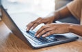 Black woman hands, student and laptop typing, keyboard and studying for research, elearning and internet college course