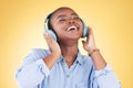 Black woman, happiness and headphones with music, energy and audio streaming isolated on yellow background. Sound