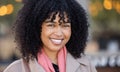 Black woman, happy portrait and city travel with a smile while outdoor on London street with freedom. Face of young Royalty Free Stock Photo