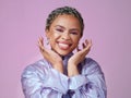 Black woman, happy portrait and neon fashion, unique makeup and retro style on pink studio background. Smile, bold Royalty Free Stock Photo