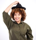 Black woman, hat and studio portrait of a young person modern fashion in isolated white background. Happiness, smile and Royalty Free Stock Photo