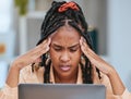 Black woman, headache and stress with laptop glitch while depressed in home office. Entrepreneur person tired, burnout Royalty Free Stock Photo