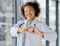 Black woman, heart and hands of doctor in portrait for healthcare, wellness and kindness. Happy female cardiology worker