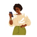 Black woman holding smartphone in hand, reading online. Modern female character using mobile cell phone, surfing