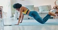 Black woman, home tutorial workout and push up on knee exercise, training and online laptop challenge on floor. Fitness