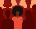 A black woman hugging herself among the silhouettes of people. Loneliness in a crowd. Vector illustration