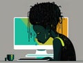 A black woman hunched over a home computer her dark skin contrasting against the bright monitor.. AI generation