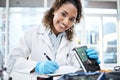 Black woman, lab and computer circuit for portrait in cyber crime investigation, analysis and IT solution. Information Royalty Free Stock Photo