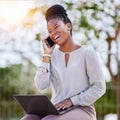 Black woman, laptop and phone call outdoor for business conversation, creative planning and morning strategy management