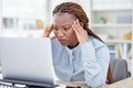 Black woman, laptop and stress headache in office with mistake, fail or error at accounting agency. Employee, accountant