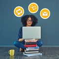 Black woman, laptop and student in communication, learning or education with pile of books on mockup. African American Royalty Free Stock Photo