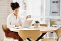 Black woman, laptop and typing for business and coffee at desk in office for strategy planning. Female entrepreneur Royalty Free Stock Photo