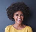 Black woman, laugh and beauty portrait in studio with happiness from dental care and teeth whitening, Happy, face and Royalty Free Stock Photo