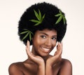 Black Woman, Leaves And Marijuana In Studio Portrait, Pride And Organic Skincare By White Background. African Girl