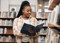 Black woman, library and reading for knowledge, education and relax. Nigerian female, girl and student read book