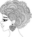 Line art design of black woman with mandala hair for design element. Vector illustration