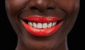 Black woman, lipstick and smile for beauty, cosmetics and bright makeup color on dark background. Bold, vibrant and