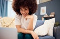 Black woman in living room, laptop and video call, download movies and online show, relax and sofa lounge. Happy young Royalty Free Stock Photo