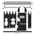 Black woman looking at clothes in fashion shop black and white 2D line cartoon character