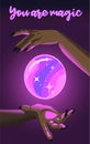 Black woman making a glowing and magic crystal ball to float. Poster with text, witch predicting the future Royalty Free Stock Photo