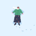 Black woman making snow angel, lying in snowdrift, top view. Girl and winter holiday fun. Female in scarf, funny outdoor
