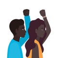 Black woman and man cartoons with fist up in side view vector design