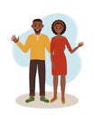 A black woman and a man are standing. Vector illustration of happy lovers. Smiling couple waving hand. African American